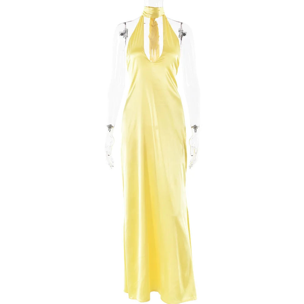 V-Neck Satin Open Back Evening Dress VestiVogue