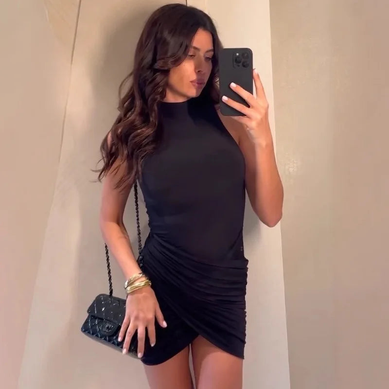 Sleeveless Turtleneck Ruched Mini Dress VestiVogue