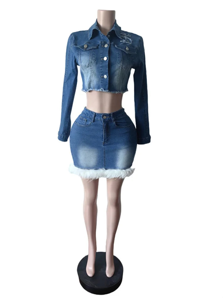 Chic Two-Piece Denim Set with Polo-Neck Top and Furry Patchwork Skirt VestiVogue