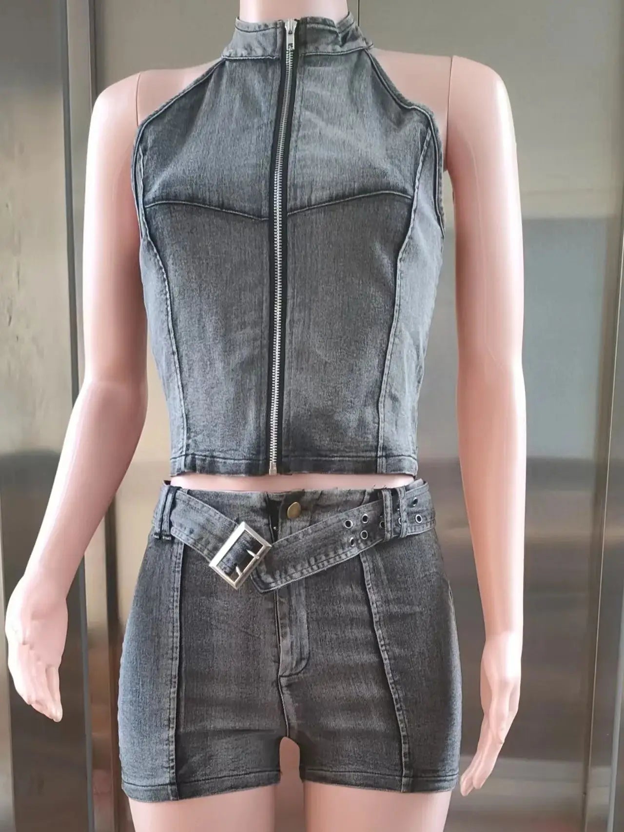 Distressed Denim Crop Set with Zipper Cardigan VestiVogue