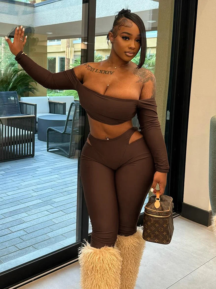 Chic Slash Neck Crop Top & High-Waist Hollow Leggings Set VestiVogue