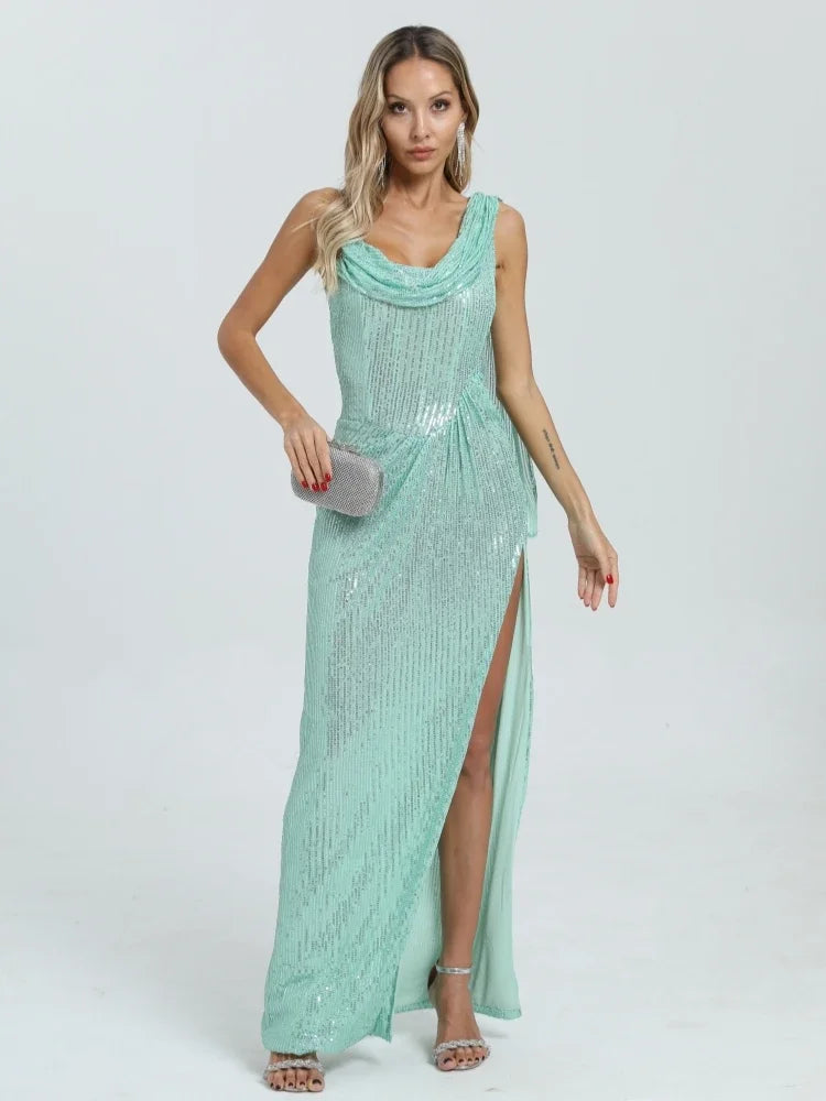 One Shoulder Sequin Draped Maxi Dress VestiVogue