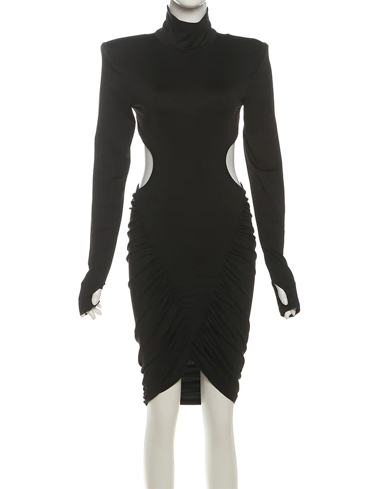 Chic Backless Irregular Hem Mini Dress with High Collar and Full Sleeves VestiVogue