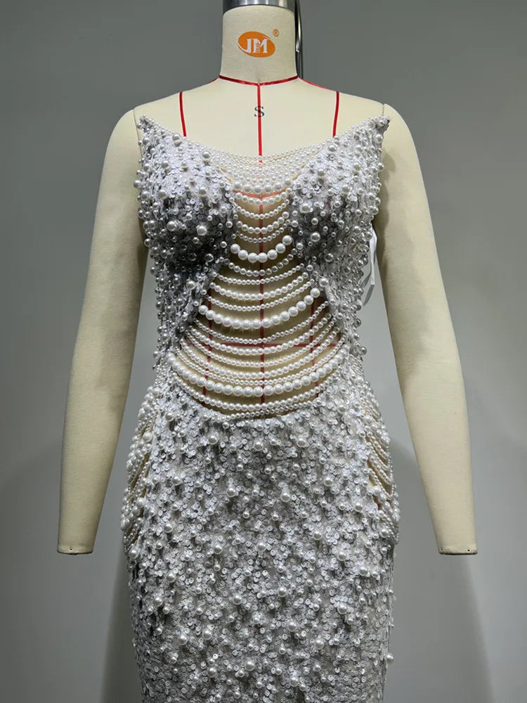 Strapless Backless Beige Sequin Maxi Gown VestiVogue