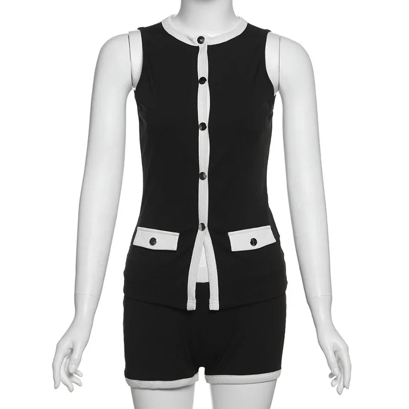 Contrast Sleeve Button Cardigan and High Waist Shorts Set VestiVogue Black S