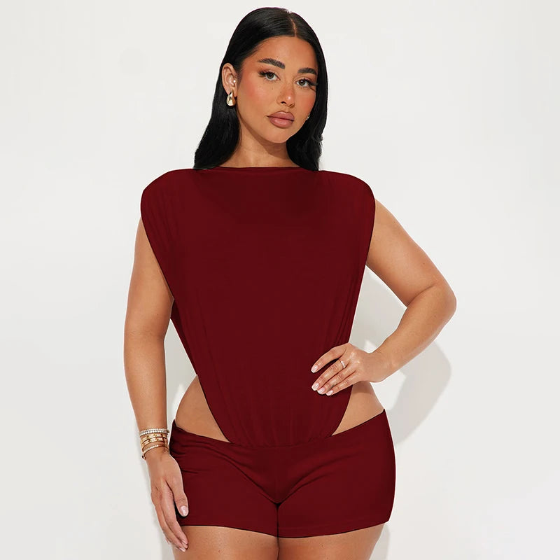 Sleeveless Hollow-Out Bodysuit & Ultra Short Pants Set VestiVogue Wine Red M