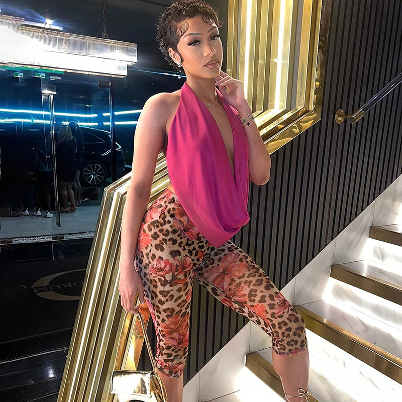 Backless Drawstring Top & Leopard Print Pants Set VestiVogue Rose Red M