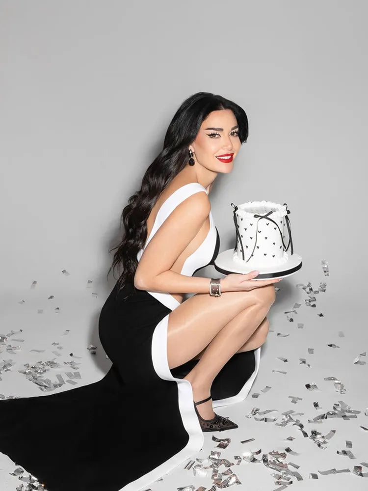 One-Shoulder Black & White Bodycon Maxi Dress VestiVogue