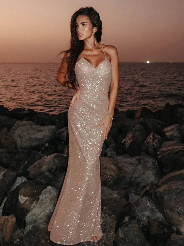 Backless Shiny Sequins V-Neck Ankle-Length Dress