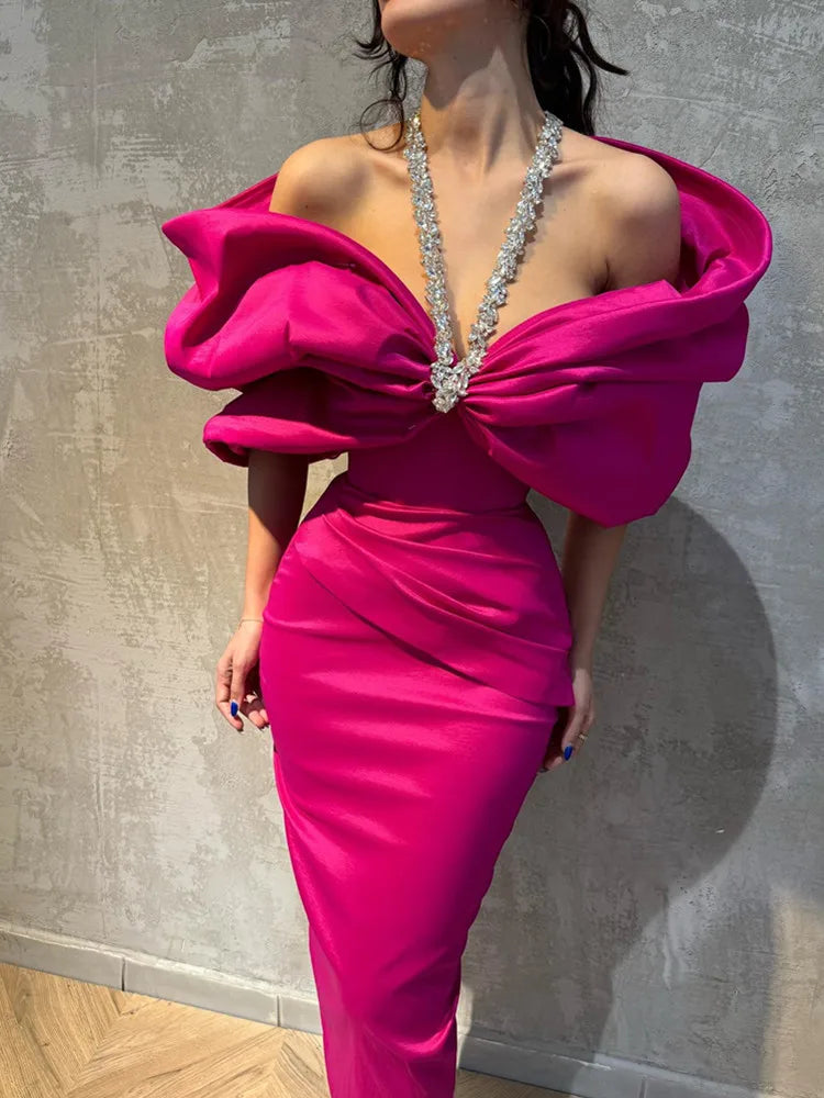 Elegant Off-Shoulder Ruched Black Maxi Dress with Diamond Accents VestiVogue Rose Red XS