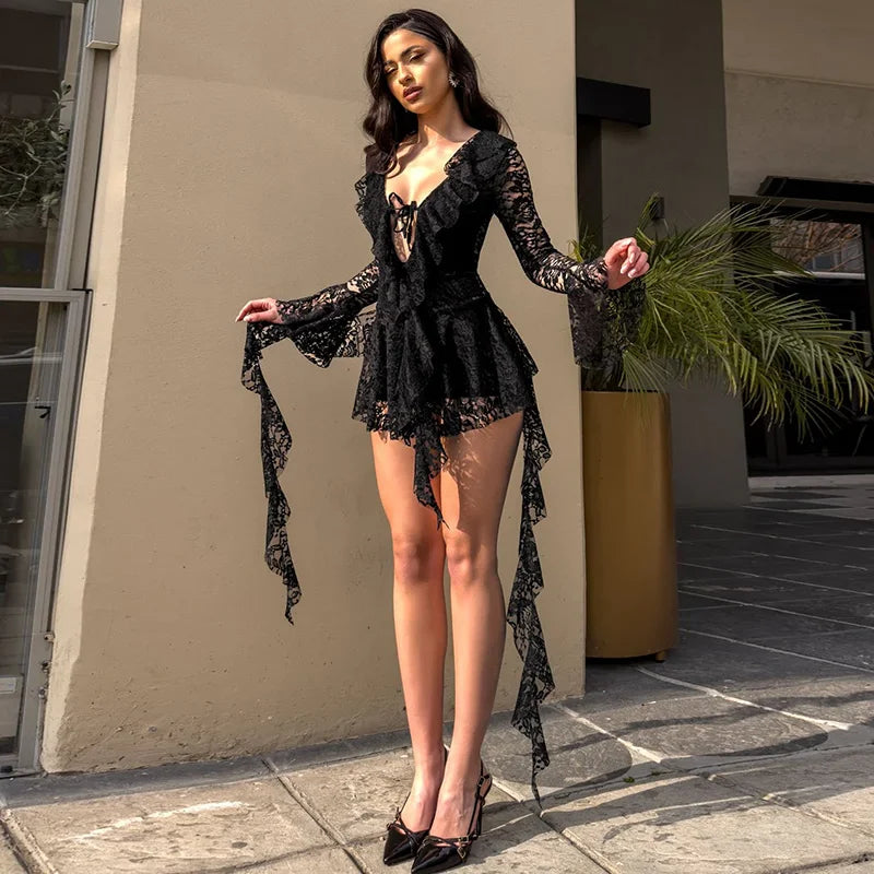 Elegant Patchwork Lace Mini Dress with Ruffle Tie & Flare Sleeves VestiVogue Black L