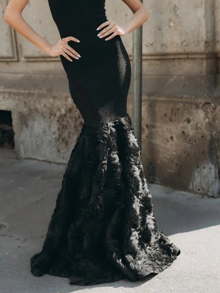 Elegant Black Maxi Gown with Turtleneck and Appliqué Details VestiVogue
