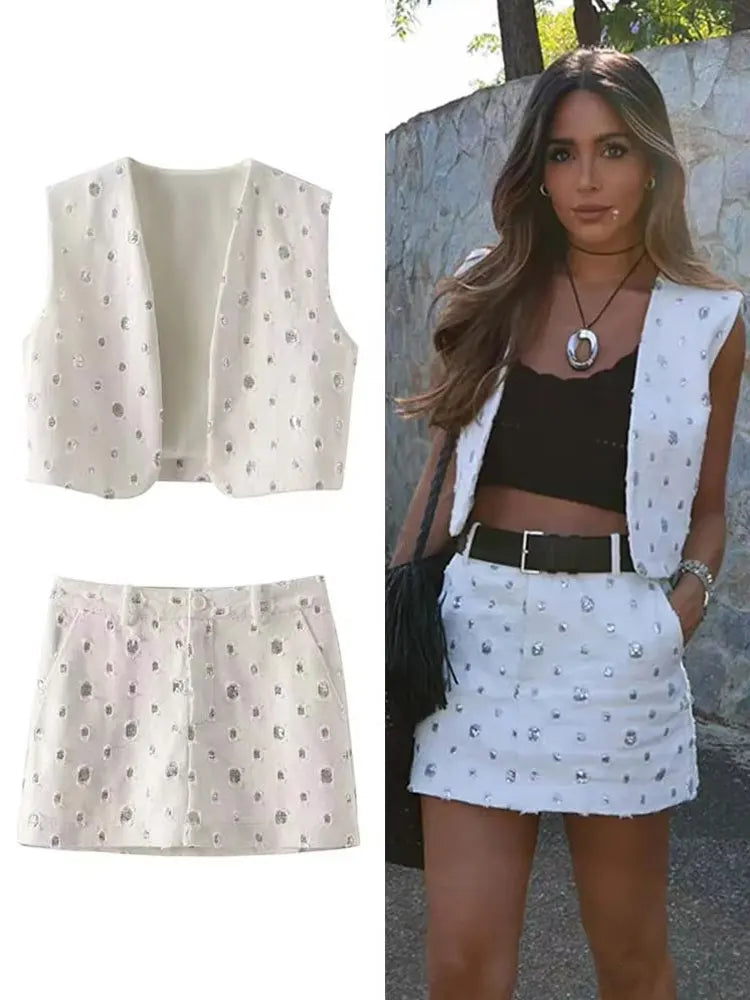 Shimmering Sequin Two-Piece Skirt Set with Sleek Zipped Skirt VestiVogue