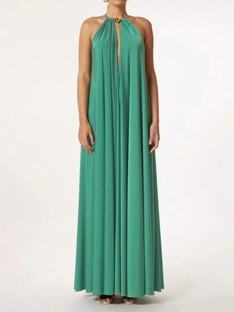 Vibrant Yellow Halter Neck Pleated Maxi Dress VestiVogue green S