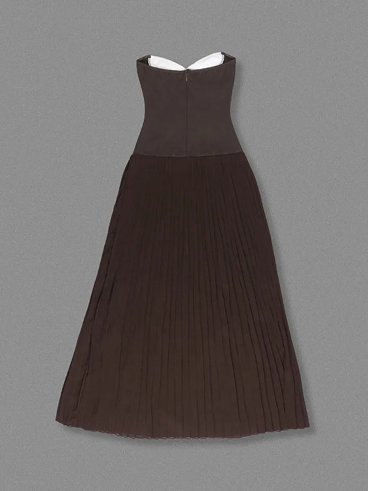 Chic Pleated Strapless Brown Mini Gown VestiVogue