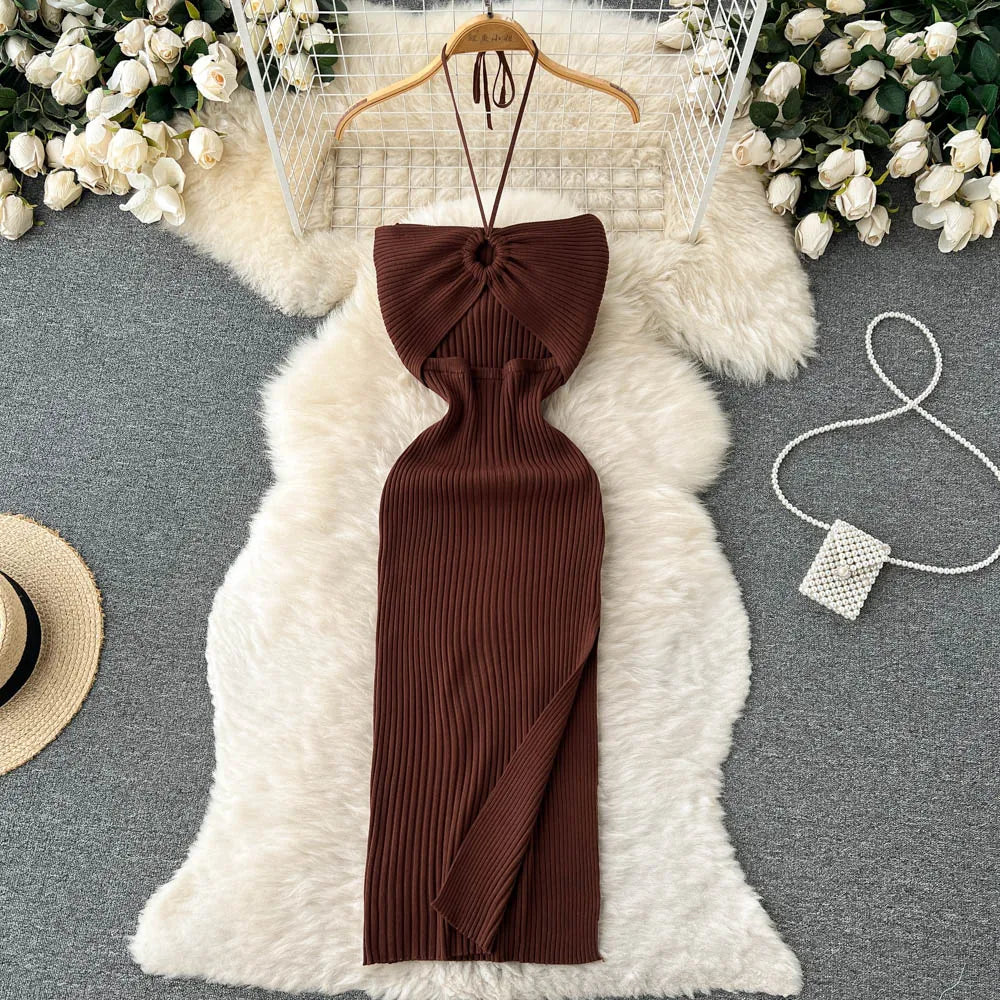 Slim Fit Split Knitted Summer Dress VestiVogue Chocolate One Size