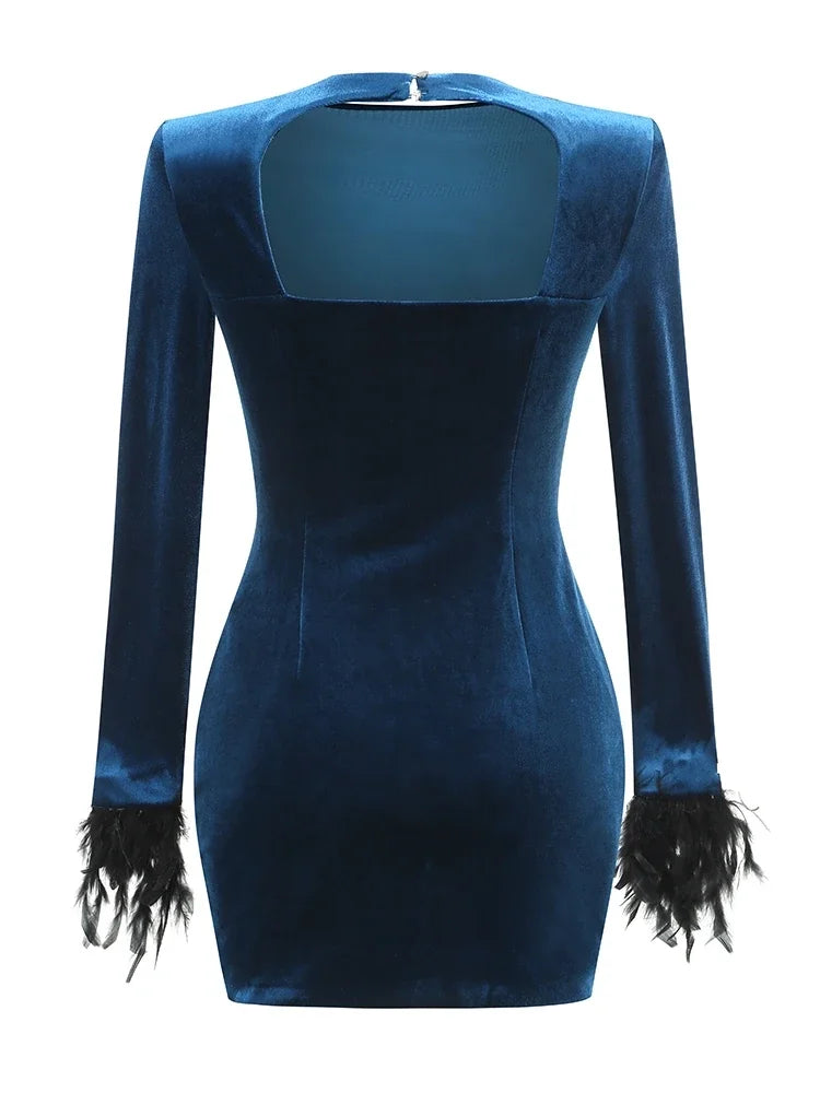 Velvet Backless Ruched Mini Dress with Feathers for Women VestiVogue