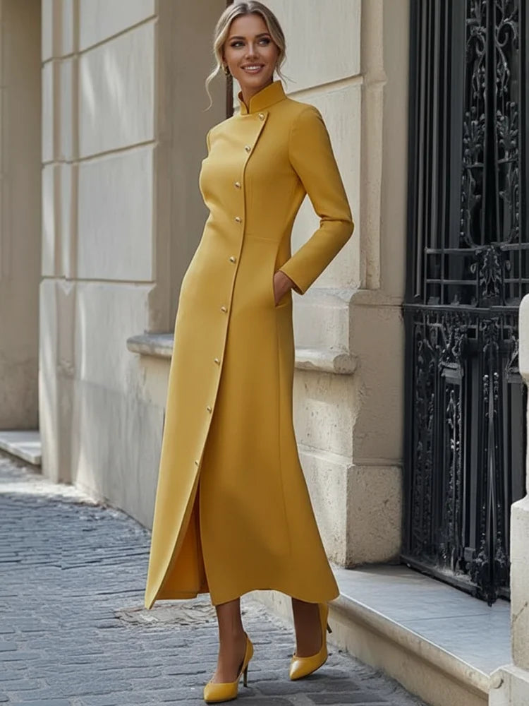 Stand Collar H-Line Midi Dress with Button Detail VestiVogue