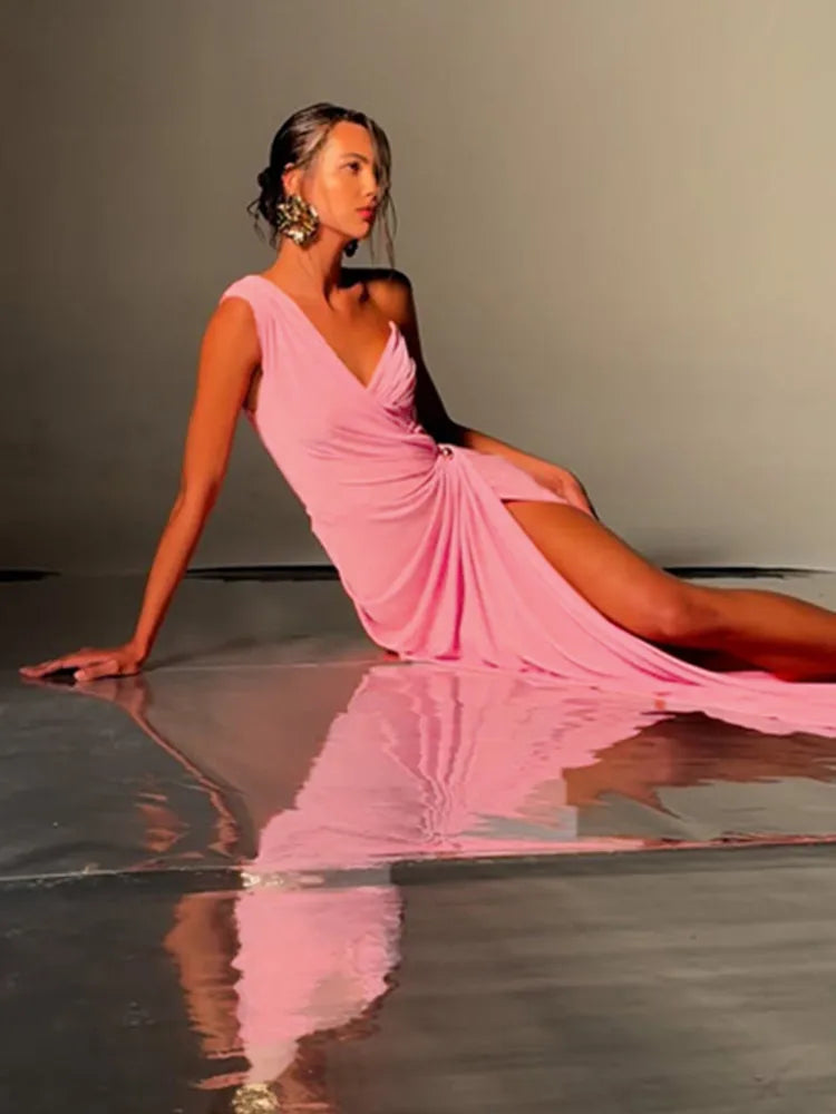 Elegant Pink Ruffle V-Neck Maxi Gown VestiVogue