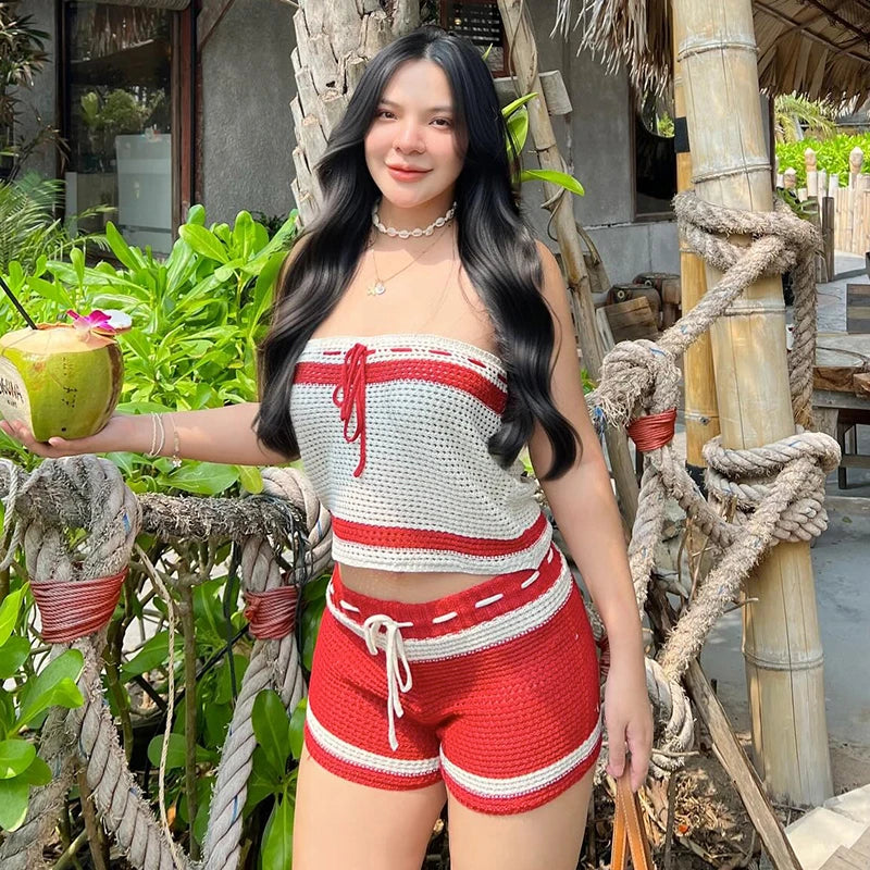 Clashing Colour Stripe Strapless Knitted Two-Piece Set VestiVogue Red S