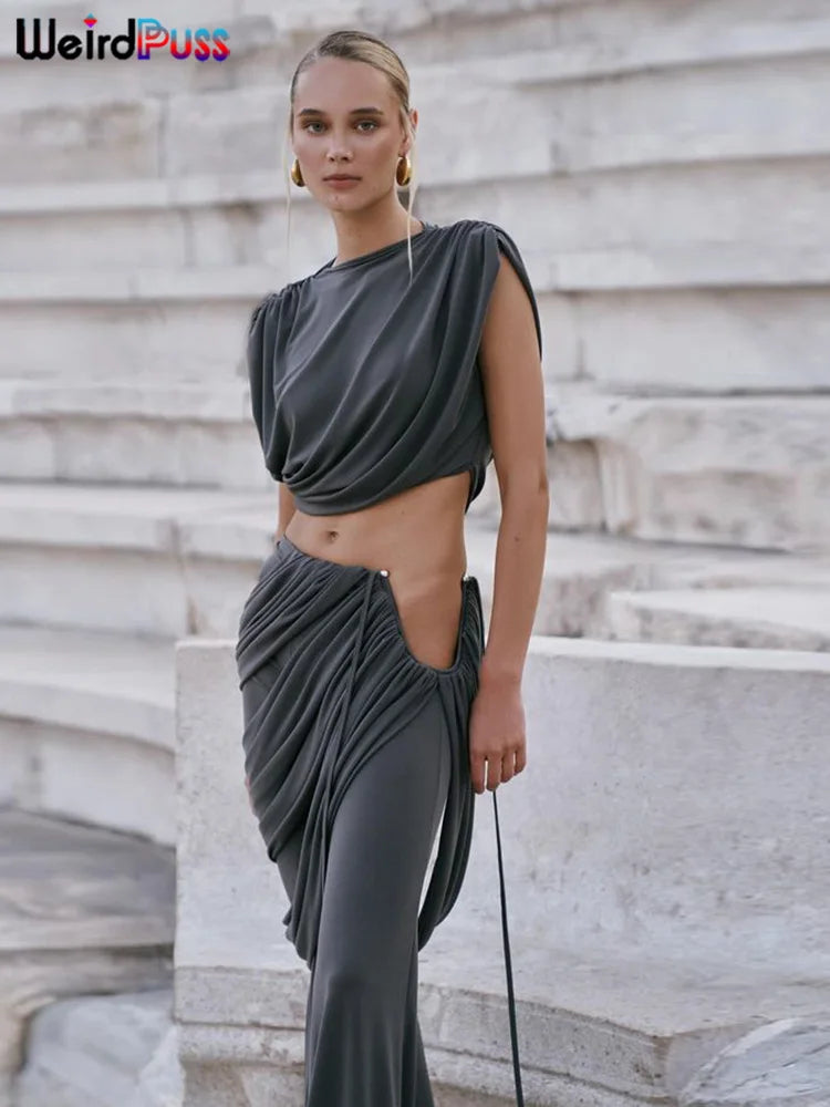 Ruched Tank Top & High Waist Flare Pants Set VestiVogue GRAY L