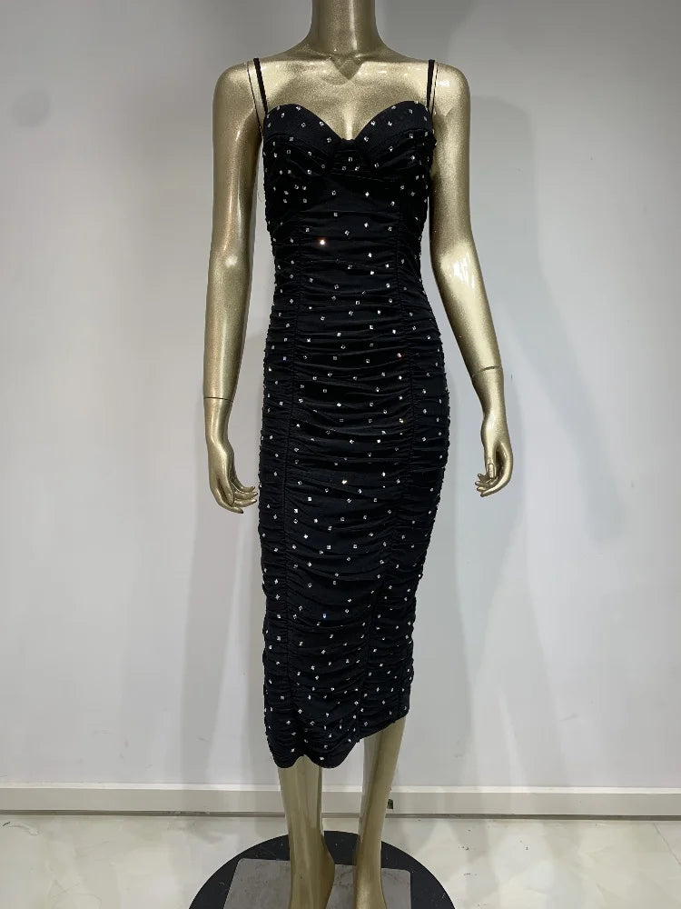 Crystal Mesh Ruched Midi Bandage Bodycon Dress VestiVogue