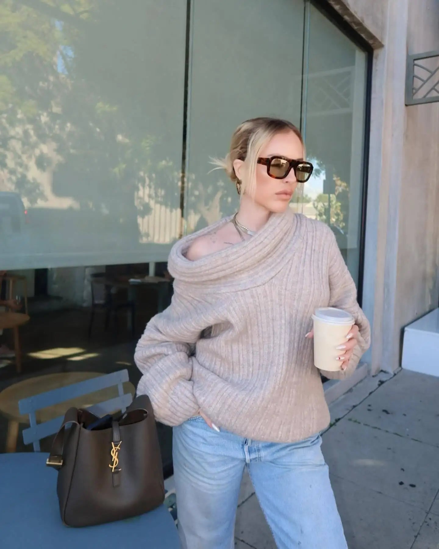 Loose Off-Shoulder Ribbed Knitted Sweater VestiVogue Khaki One Size