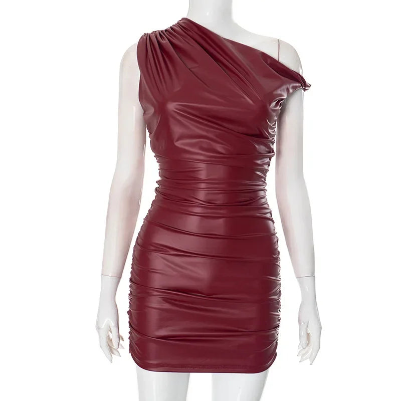 Faux Leather Skew Collar Mini Dress VestiVogue Red L
