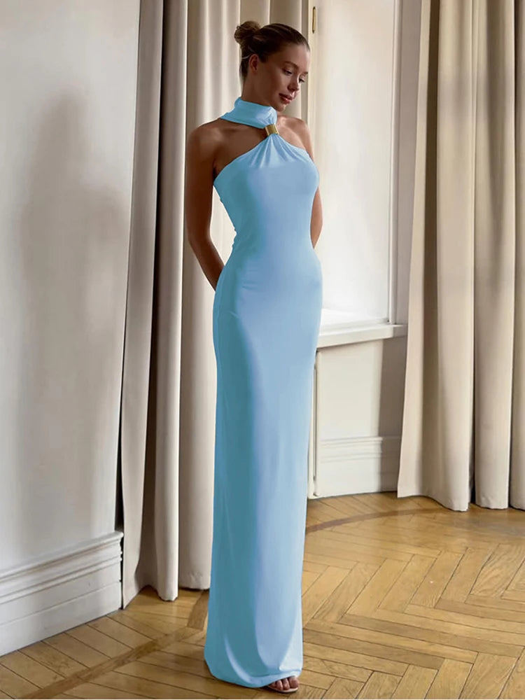 Halter Neck Sleeveless Maxi Dress in Classic Sheath Style VestiVogue Blue L