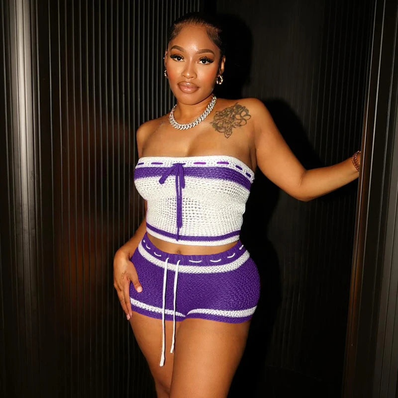 Clashing Colour Stripe Strapless Knitted Two-Piece Set VestiVogue Purple M