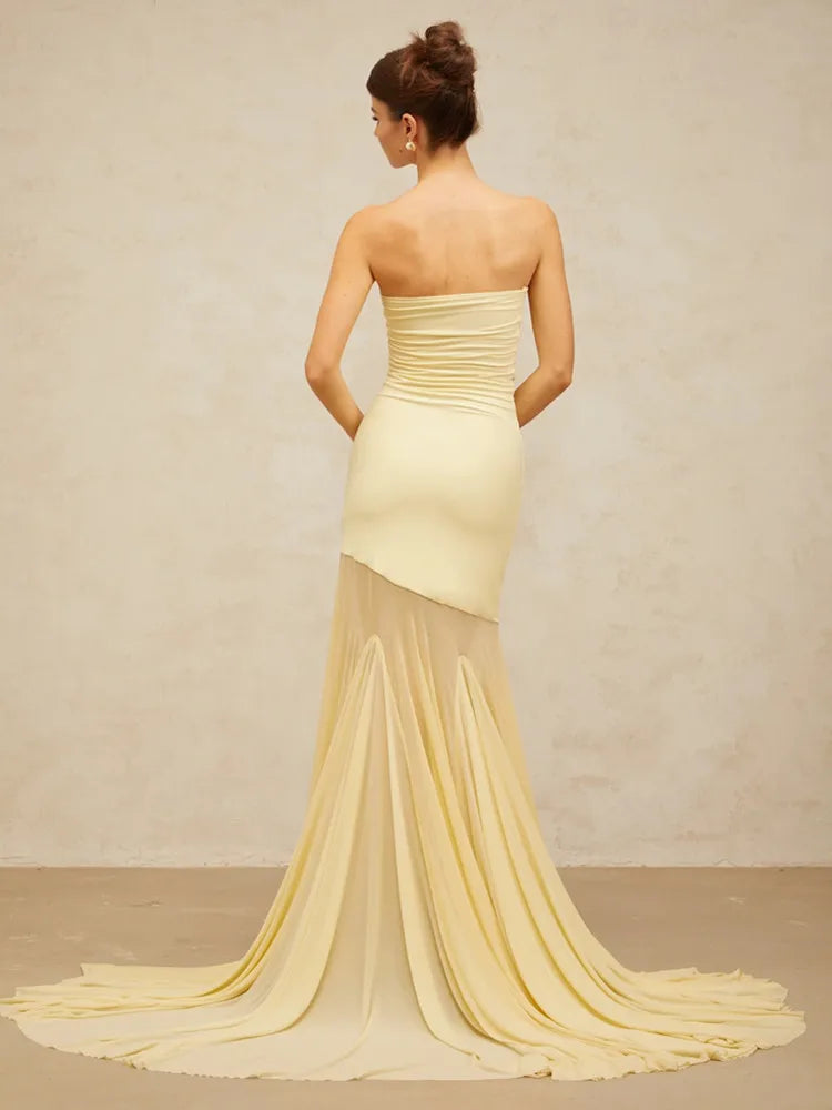 Chic Strapless Yellow Mesh Maxi Gown VestiVogue