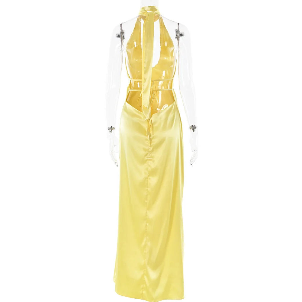 V-Neck Satin Open Back Evening Dress VestiVogue