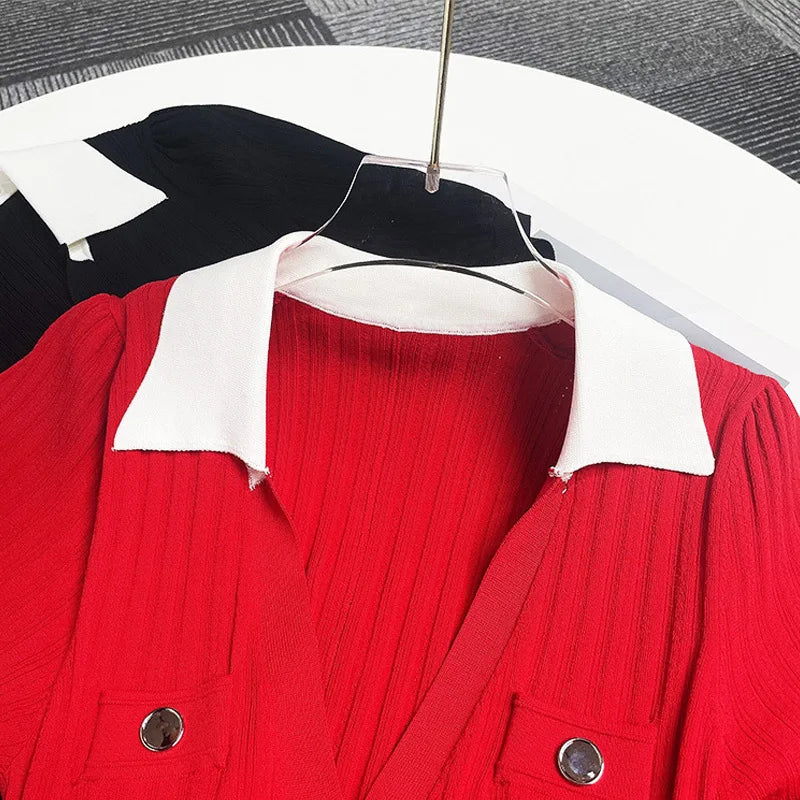 Elegant Contrast Knitted Dress with Lapel & Hollow-Out Detail VestiVogue