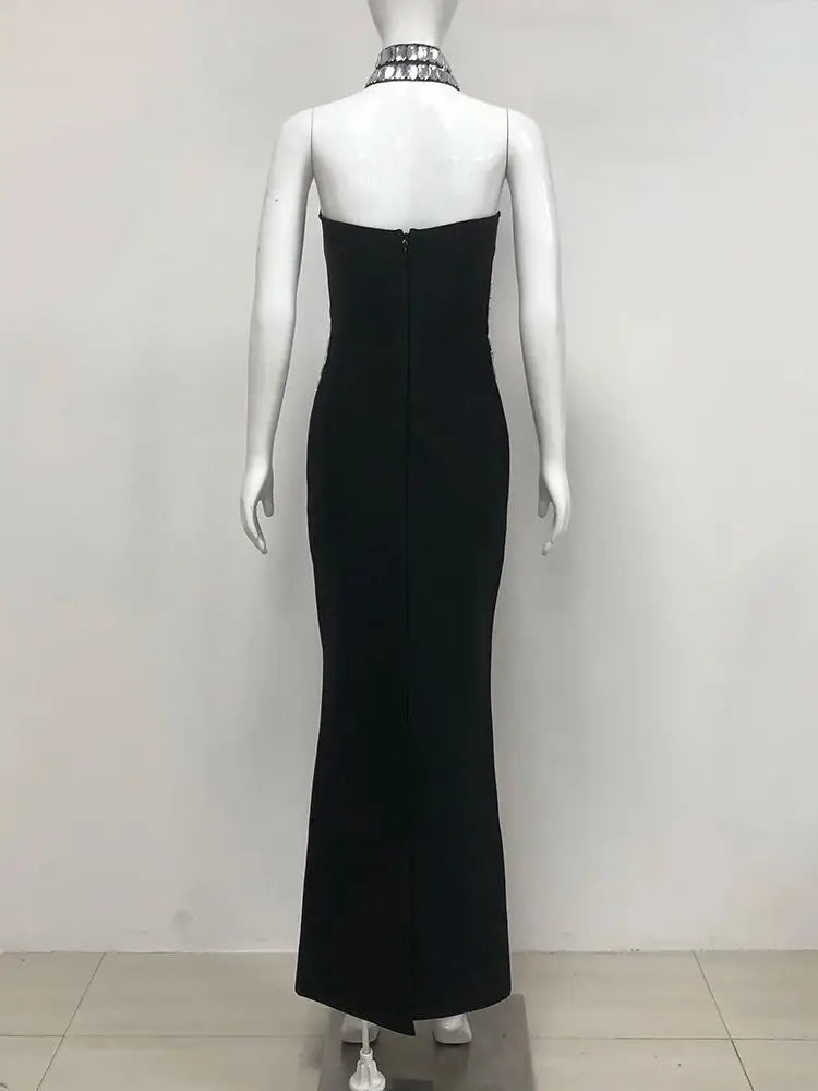 Black Strapless Crystal Bandage Bodycon Dress VestiVogue