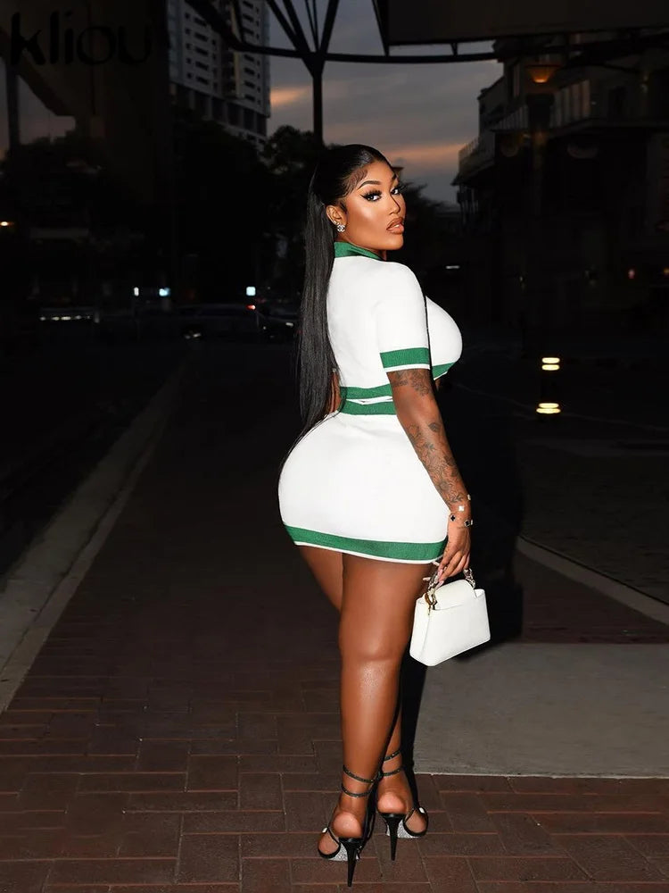 Chic Knitted Panelled Two-Piece Set with Crop Top and Elastic Waist Skirt VestiVogue