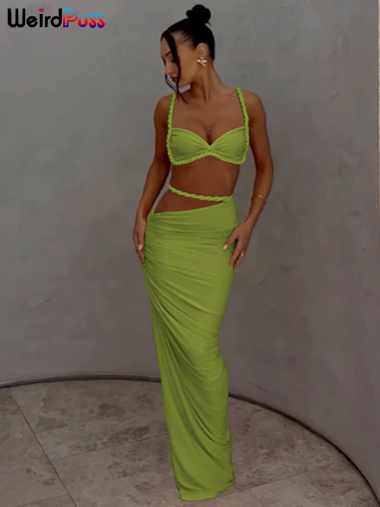 Square Collar Bra and Maxi Skirt Set VestiVogue green XS