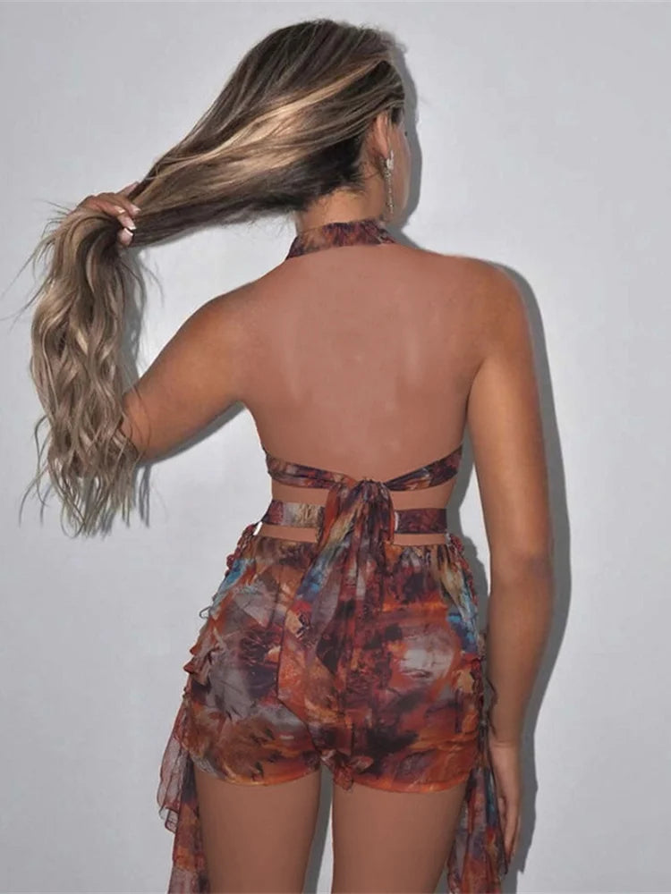 Metal Rings Backless Mini Dress with Lace-Up Halter and Pleated Waist VestiVogue BN M
