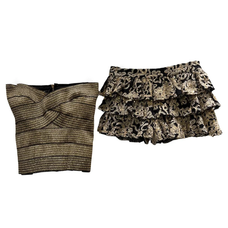 Backless Zipper Cross Strap Tank Top with Embroidered Mini Cake Skirt VestiVogue