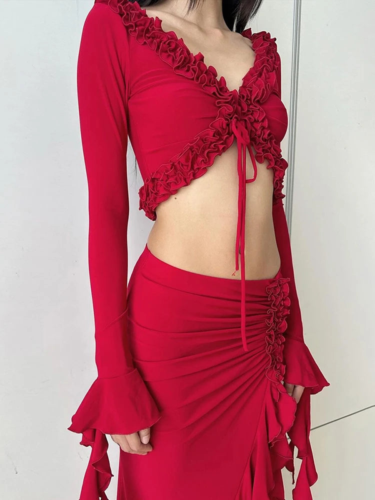 Ruched Lace Crop Top & Side Split Skirt Set VestiVogue