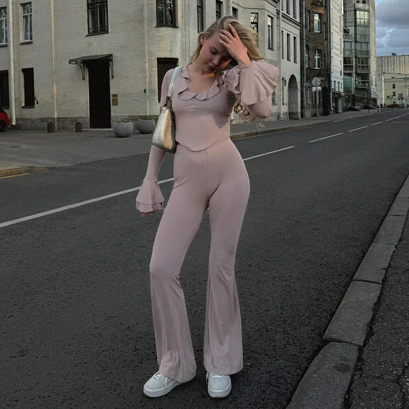 Ruffled Collar Slim Flare Top & High-Waisted Pants Set VestiVogue Coffee L