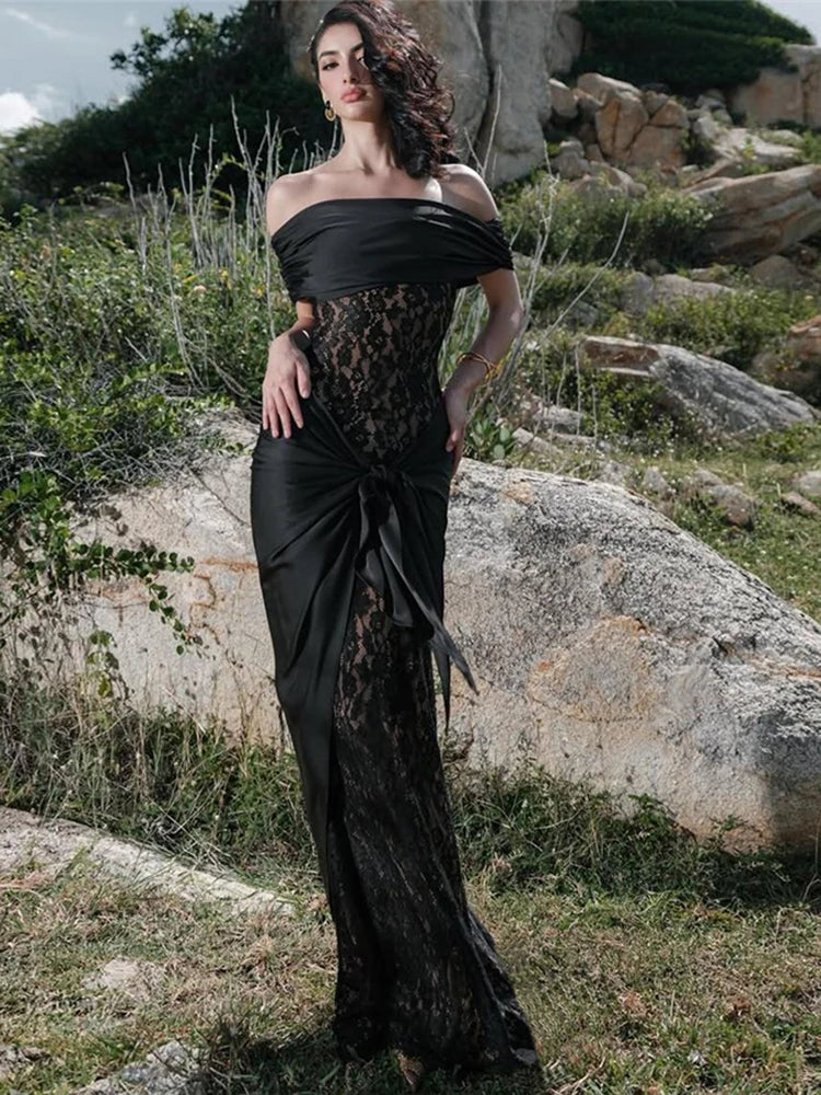 Lace Patchwork Off-Shoulder Maxi Dress VestiVogue