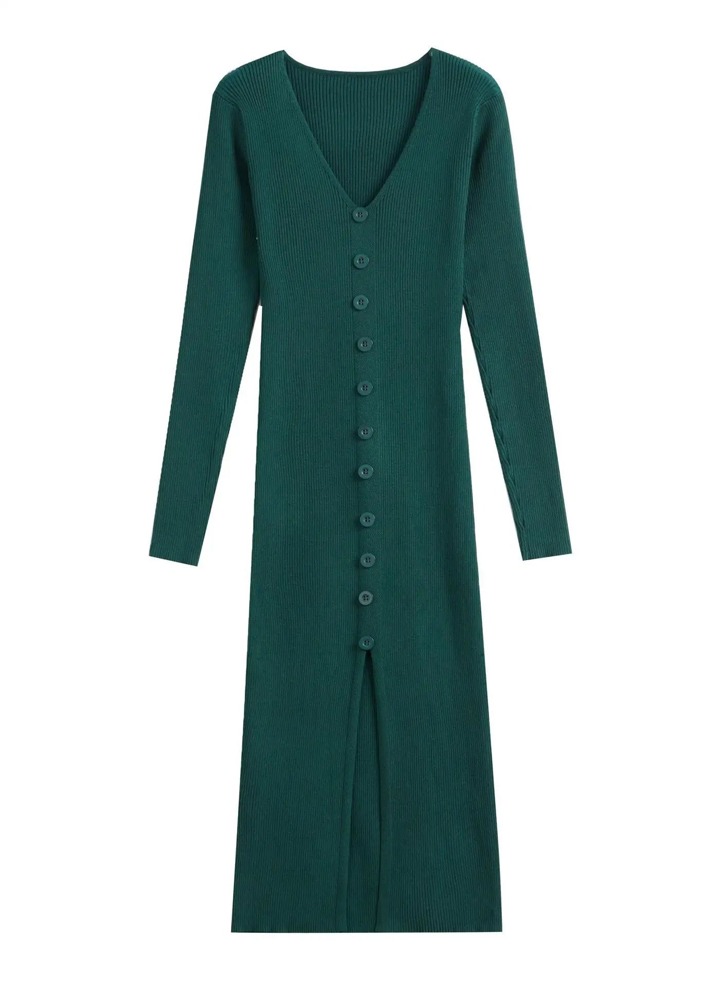 Sophisticated Knitted V-Neck Midi Dress with Long Sleeves VestiVogue Green 2987 M
