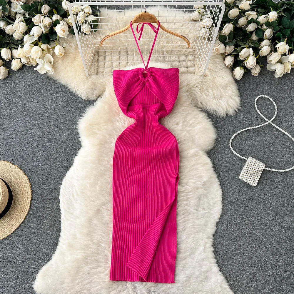Slim Fit Split Knitted Summer Dress VestiVogue Rose Red One Size