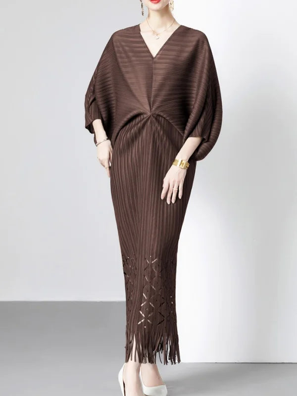 V-neck Batwing Sleeve Fringe Evening Dress in Solid Colour VestiVogue BROWN One Size