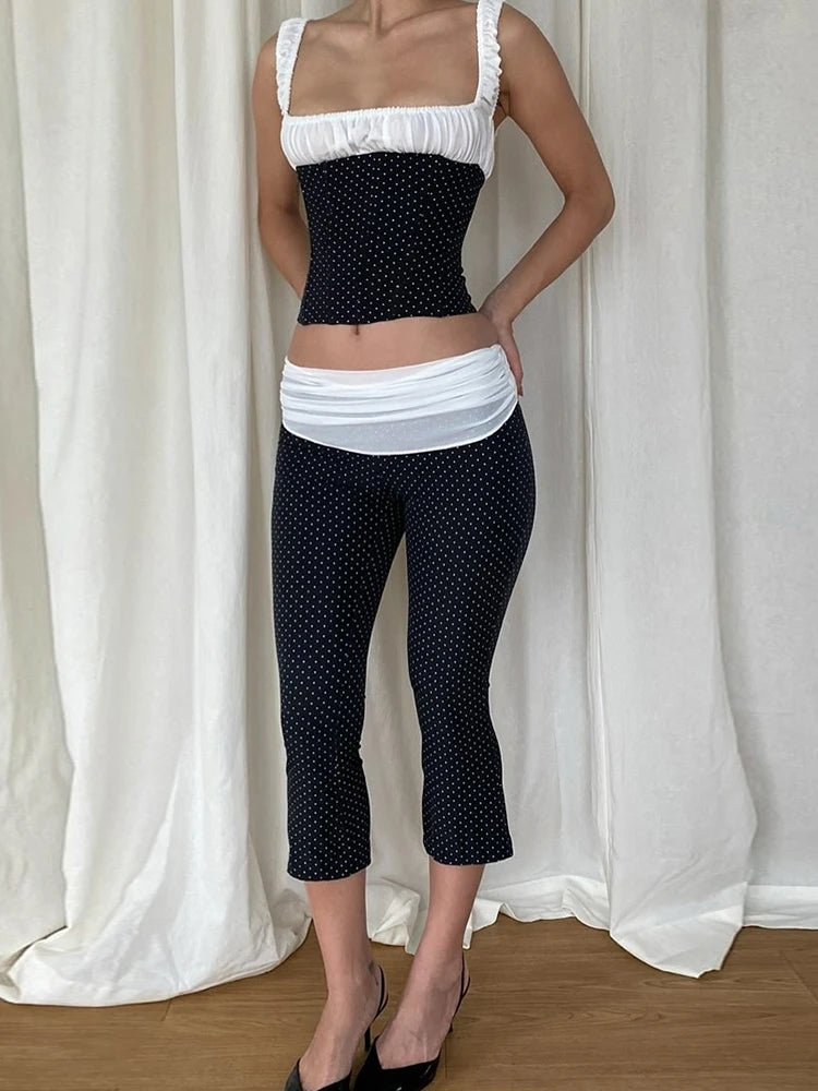 Polka Dot Mesh Tank & Calf-Length Shorts Set VestiVogue