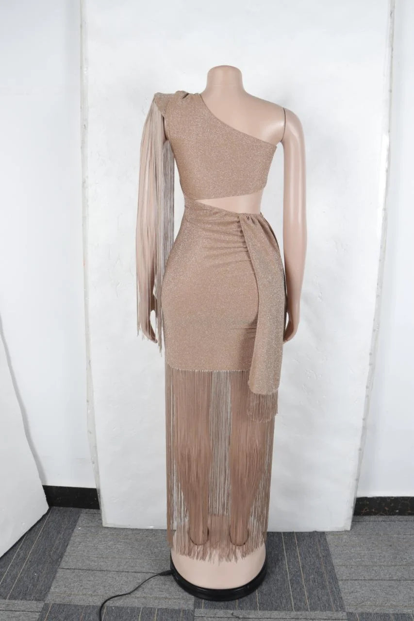 One Shoulder Fringe Maxi Dress with Hollow-Out and Tassels VestiVogue
