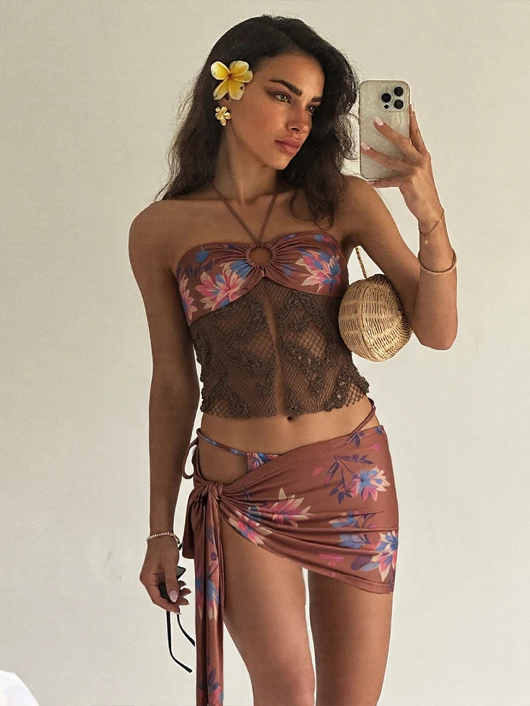 Chic Patchwork Halter Crop and Tied Mini Skirt Set VestiVogue Brown S