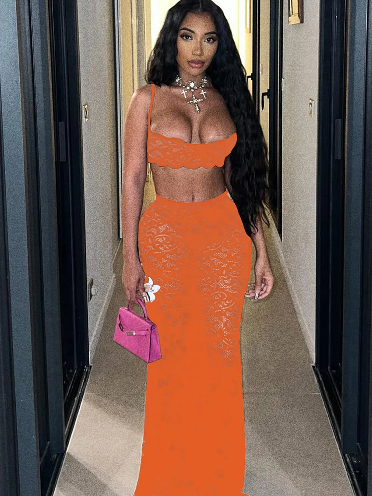 Luxe Lace 2-Piece Midriff Camisole and Long Skirt Set VestiVogue Orange M
