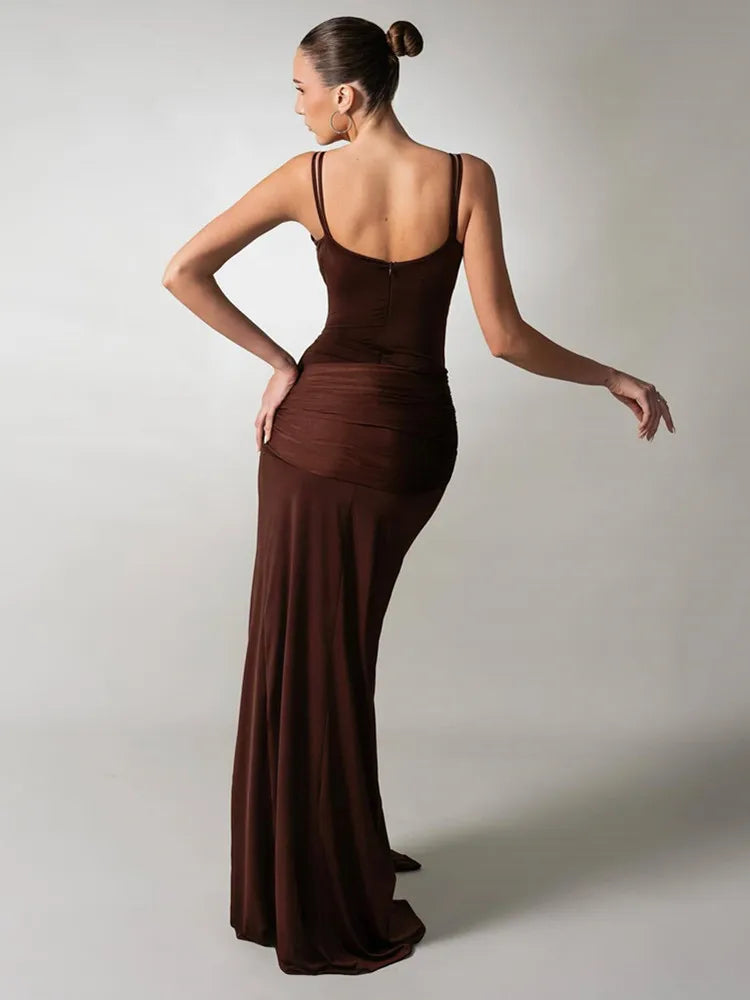 Elegant Brown Ruched Bodycon Maxi Gown VestiVogue