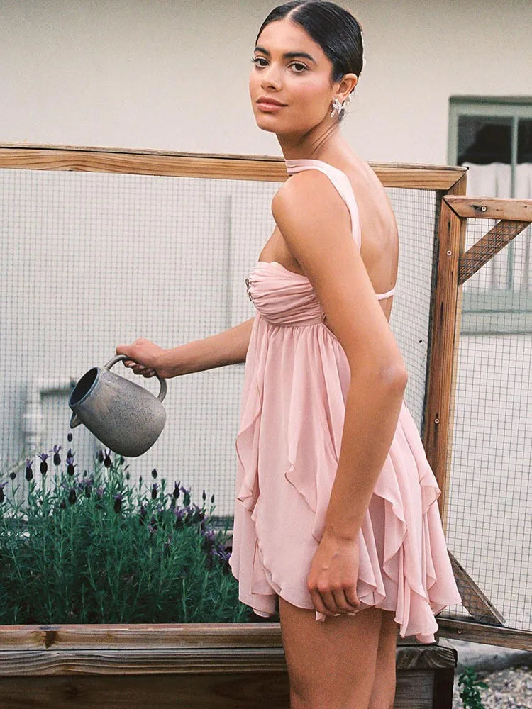 Halter Neck Backless Ruffle Mini Dress VestiVogue